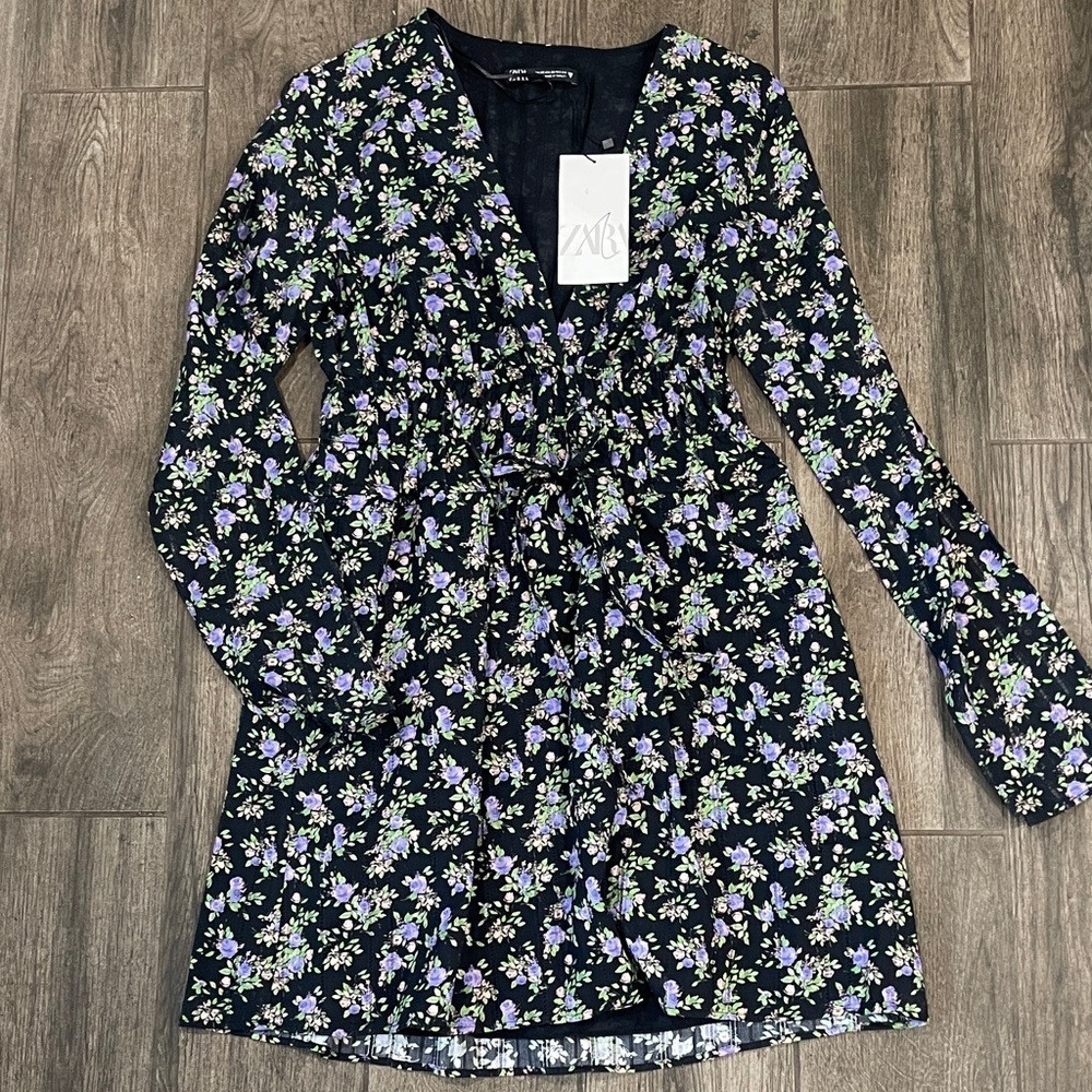 NWT Zara Black Floral Long Sleeve Cotton Dress